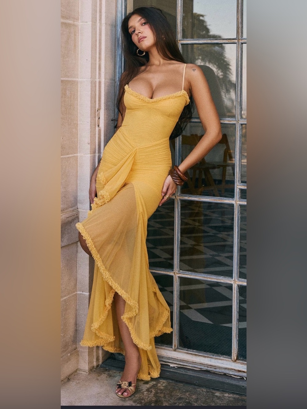 House of CB Gabbi Apricot Ruched Ruffle Mesh Maxi Dress M